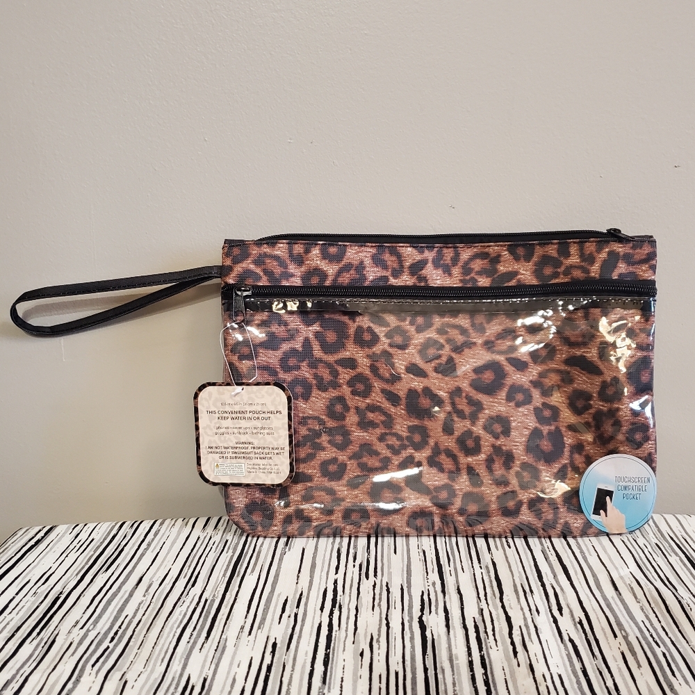 Leopard Print Swimsuit Sack with Touchscreen Compatible Zipper Pocket 9in × 12in